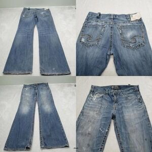 Silver Jeans Mens 33x31 Blue‎ Straight Western Grayson Whiskering Fade Thrashed